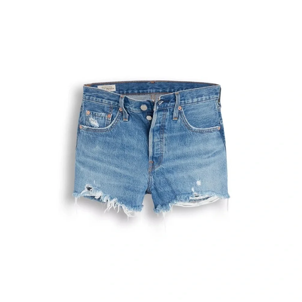 LEVI’S Wedgie Straight Leg Cut Off Blue Jean Shorts Raw Hem - Picture 5 of 7